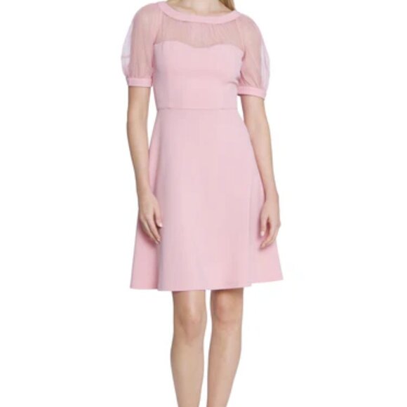 NWT Maggy London Lyra Fit & Flare Illusion Dress with Puff Sleeves Size 0 - Picture 1 of 9